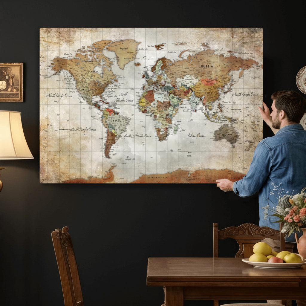 Custom Framed Modern Push Pin World Map Wall Art, Places Visited Tracker, Home Office and Entryway Decor