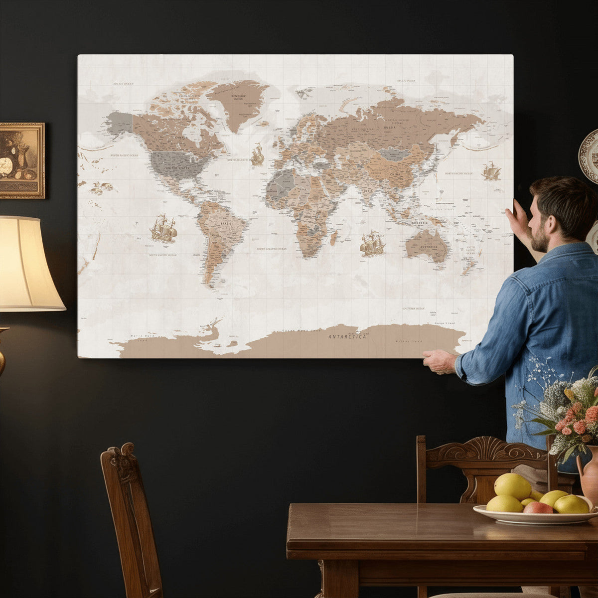 Framed Large World Map Canvas Print for Office Decor