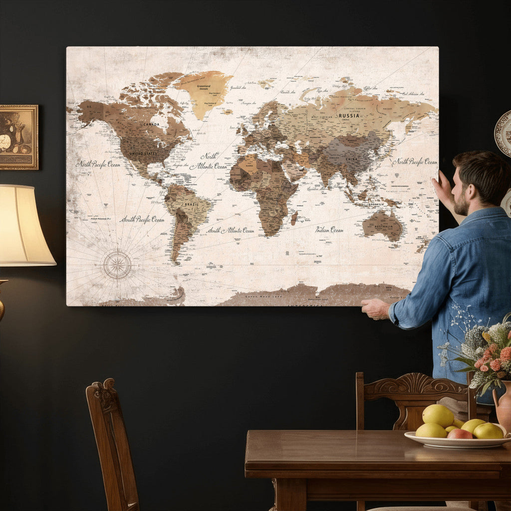 Modern World Map Canvas Print | Framed Travel Map Wall Art