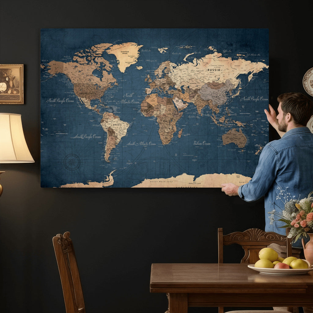 Navy Blue World Map Canvas Print | Framed Travel Map Wall Art