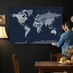 Blue Detailed World Map Wall Art Canvas Print | Modern Framed Map