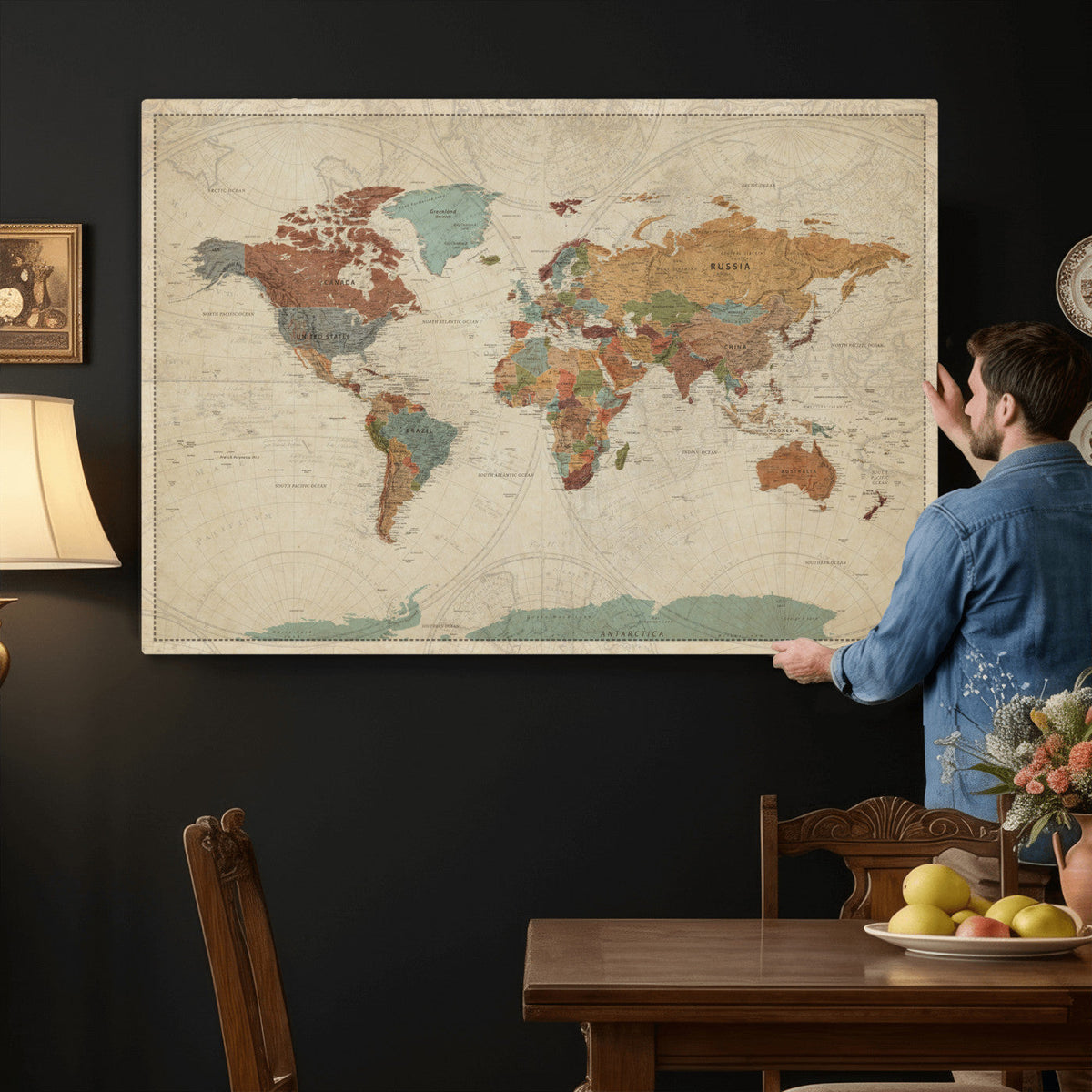 Vintage World Map Canvas Wall Art Print | Framed Modern World Map