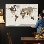 Custom Beige Modern Push Pin World Map Canvas Print, Places Visited Tracker, Bedroom and Study Decor