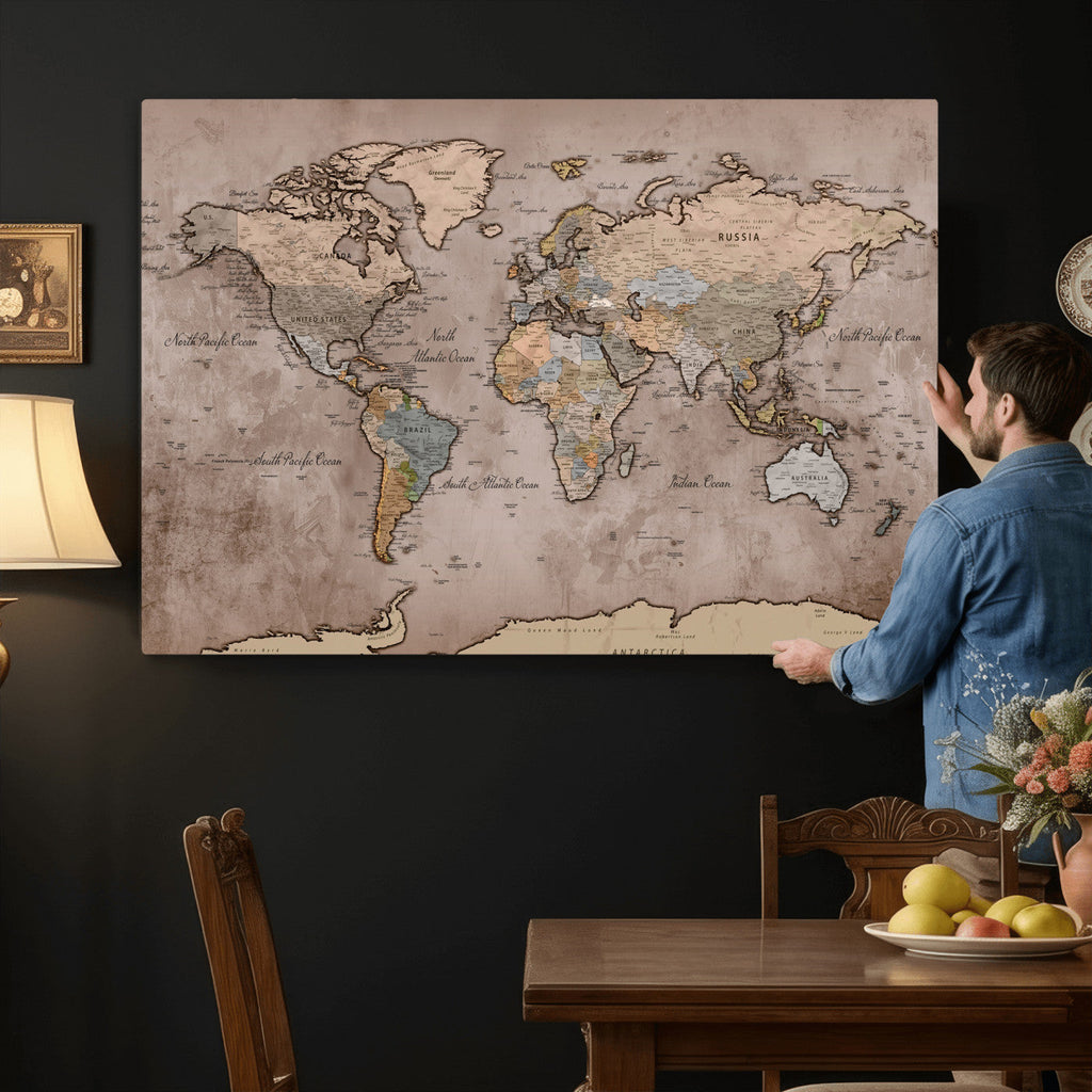 Grunge World Map Canvas Wall Art - Vintage Aged World Map with Golden Tones