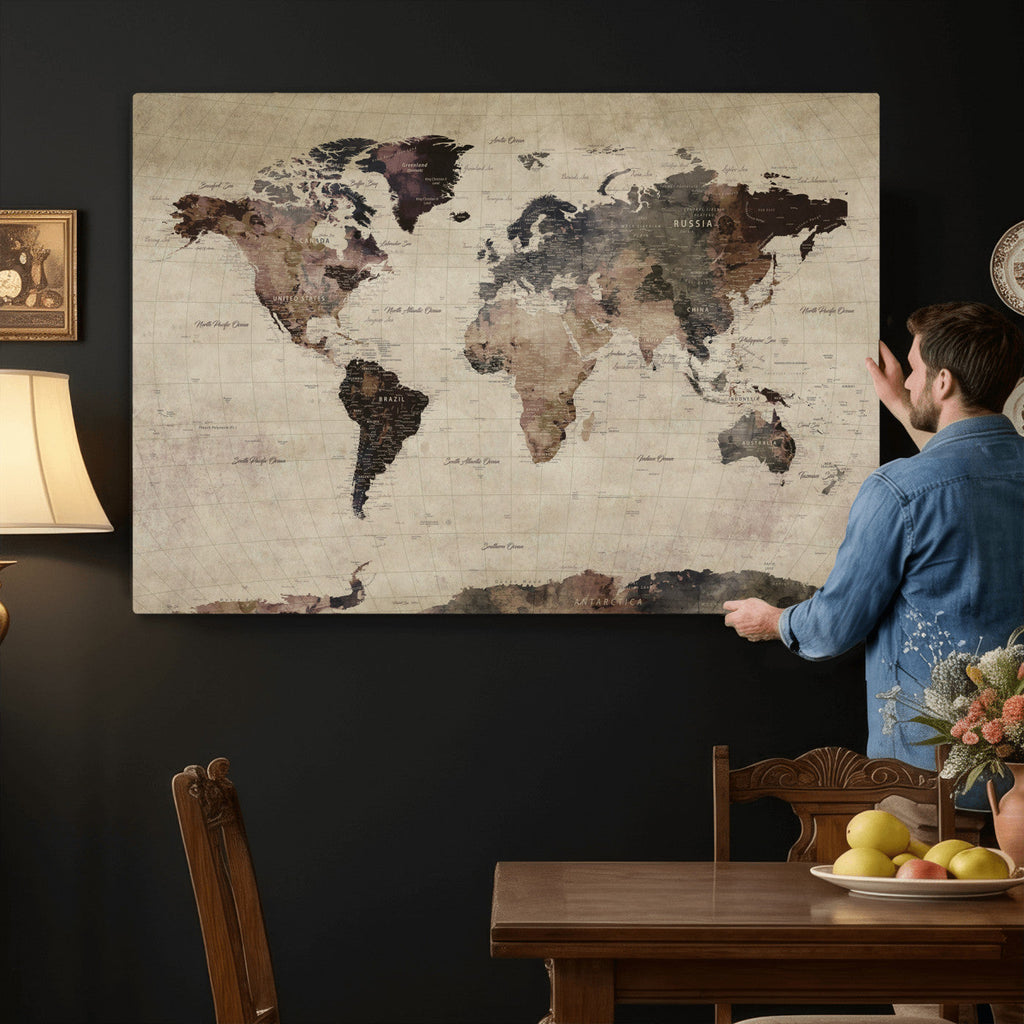 World Map Canvas Print, Detailed Map of the World, Adventure Gift for Couples and Anniversaries