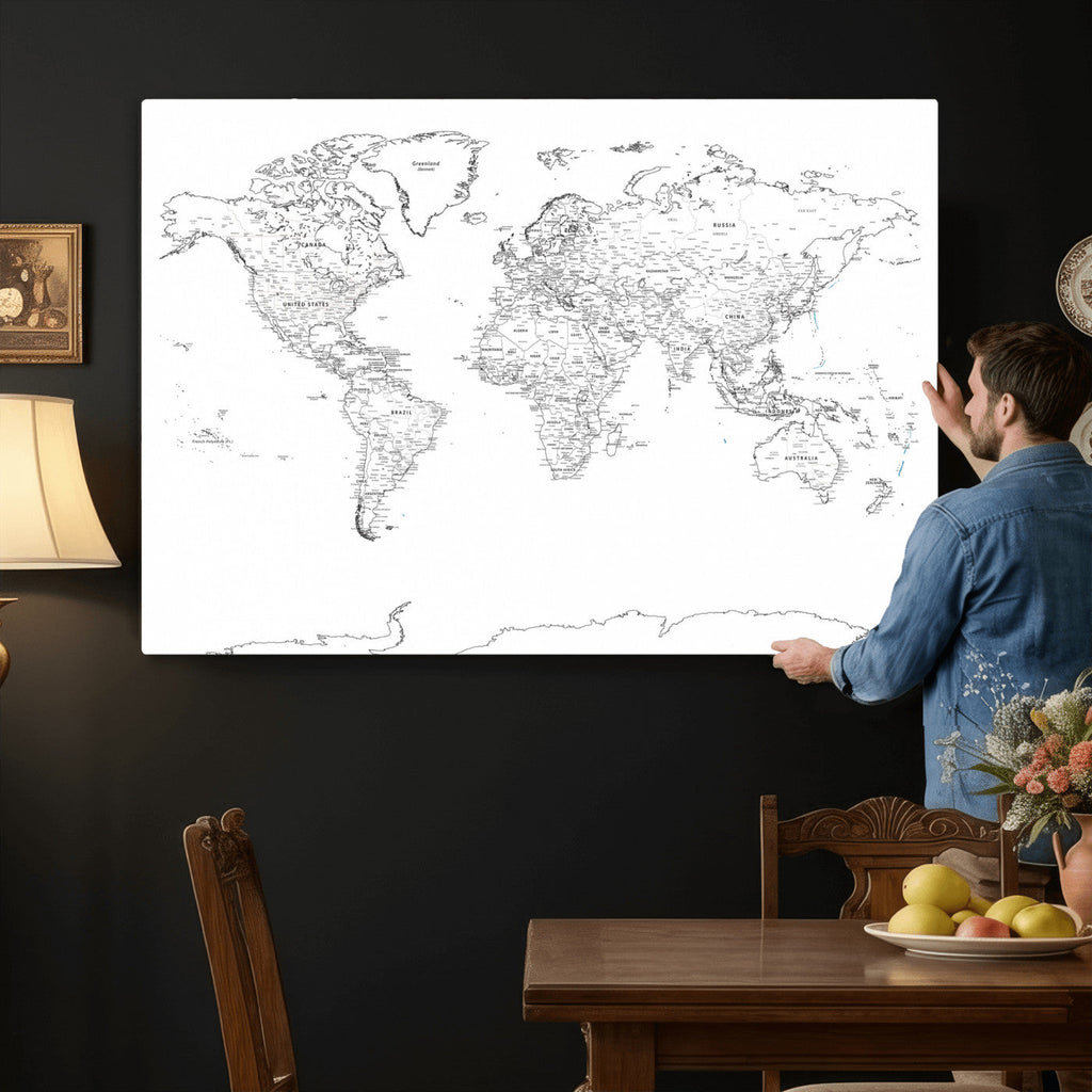 World Map Canvas Print, Framed Modern Detailed Map of the World for Home or Office