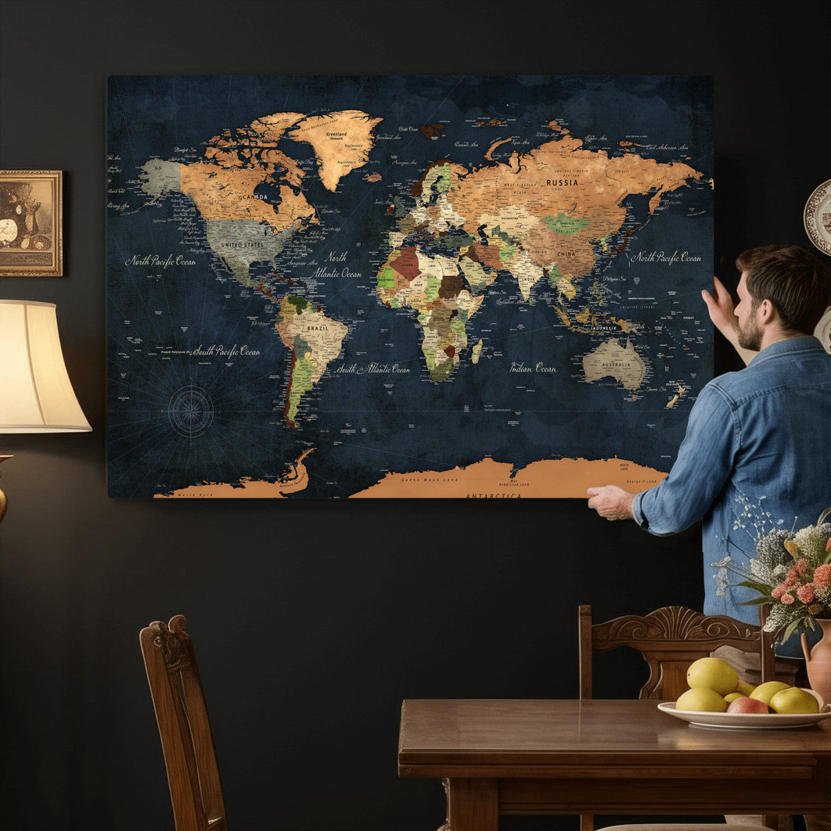 Vintage World Map Canvas Wall Art | Detailed Map with Countries, Oceans and Continents