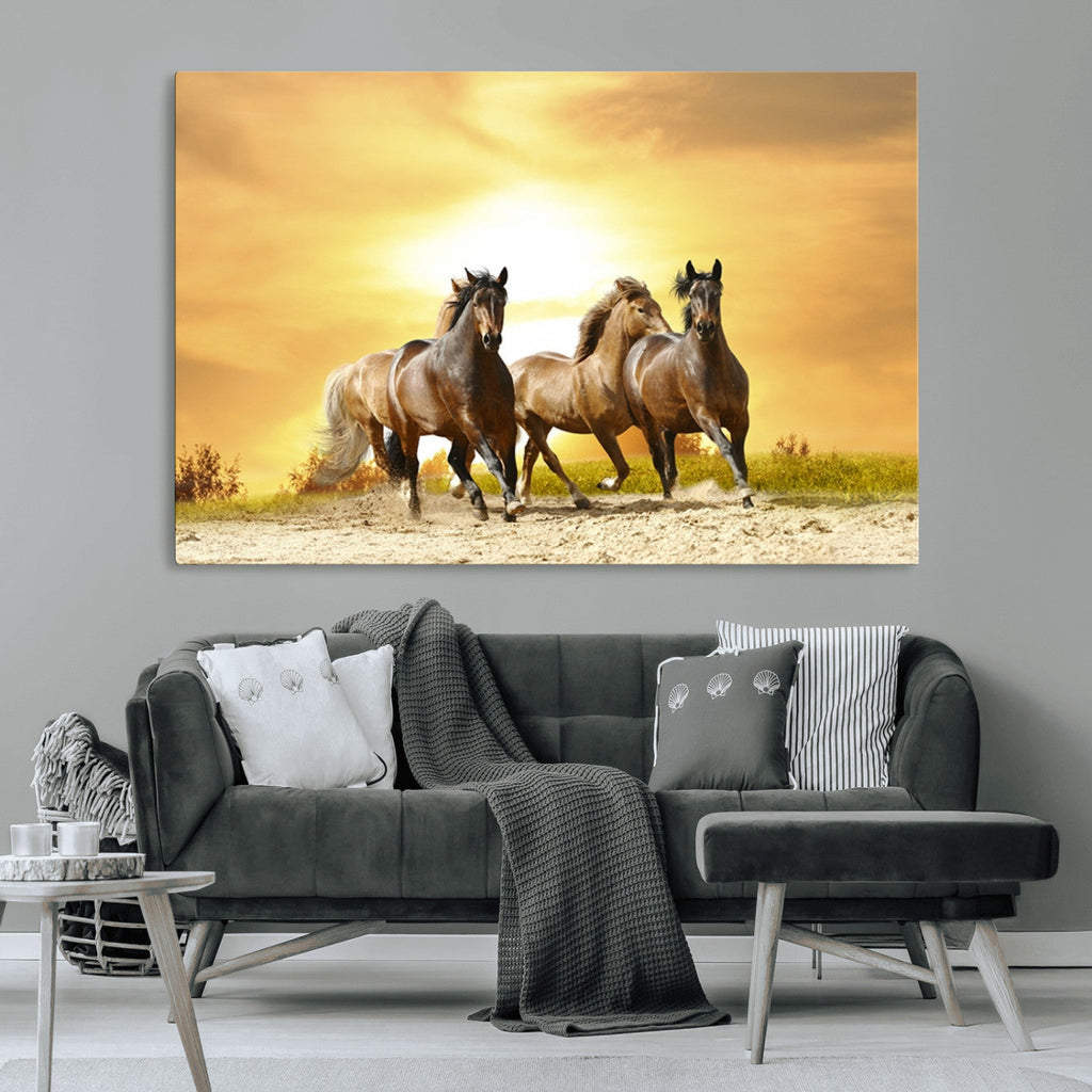 Wild Horses Wall Art Canvas Print, Framed Galloping Herd