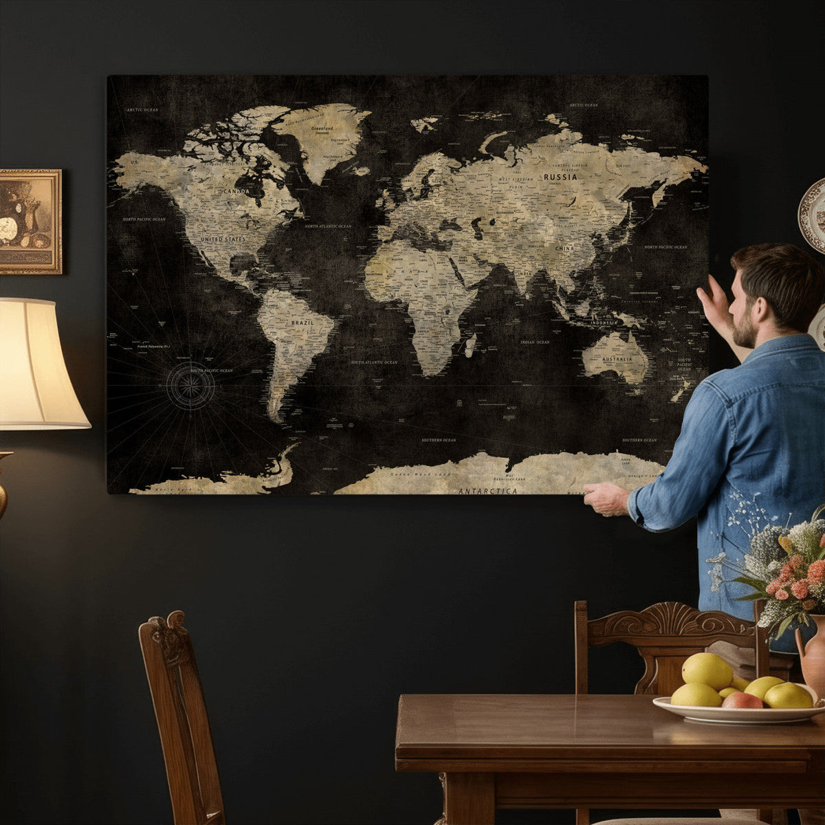 Push Pin World Map Canvas Wall Art Print, Interactive Travel Map