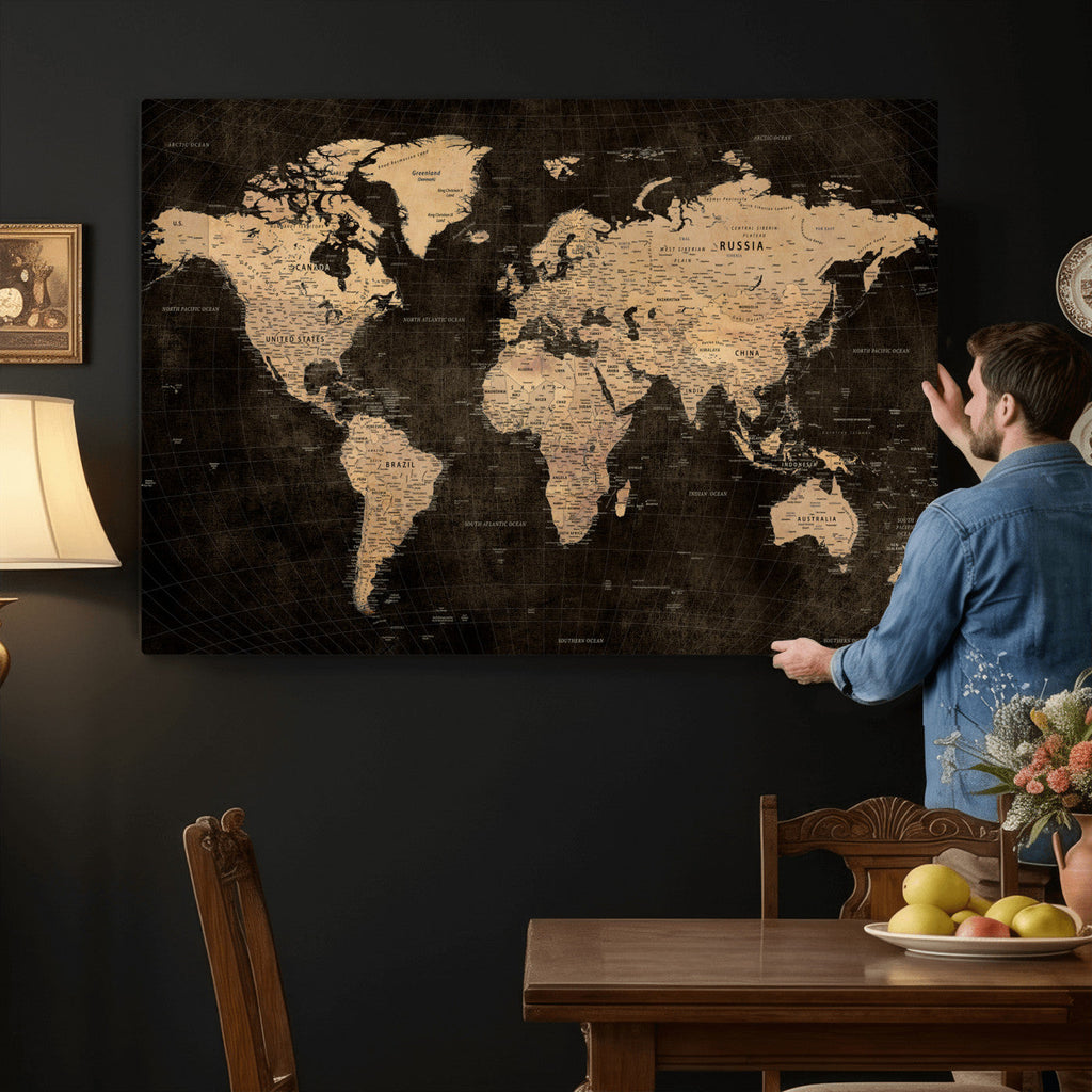 Brown World Map Canvas Print | Modern Travel Map Wall Art