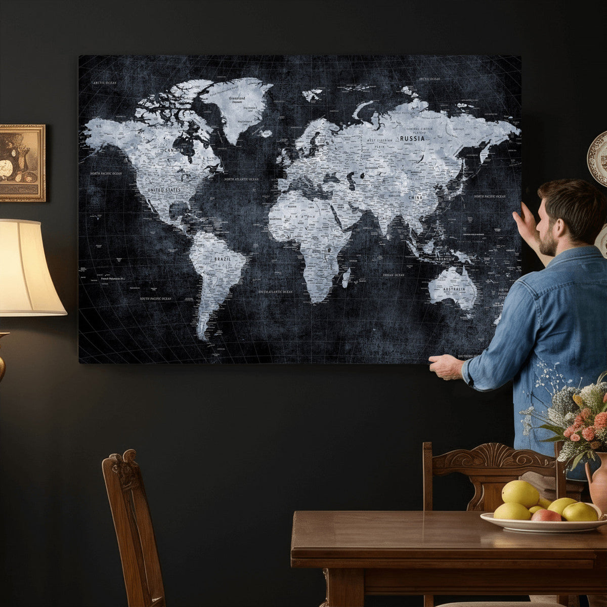 Black World Map Canvas Print | Detailed Map for Couples and Anniversary Gift