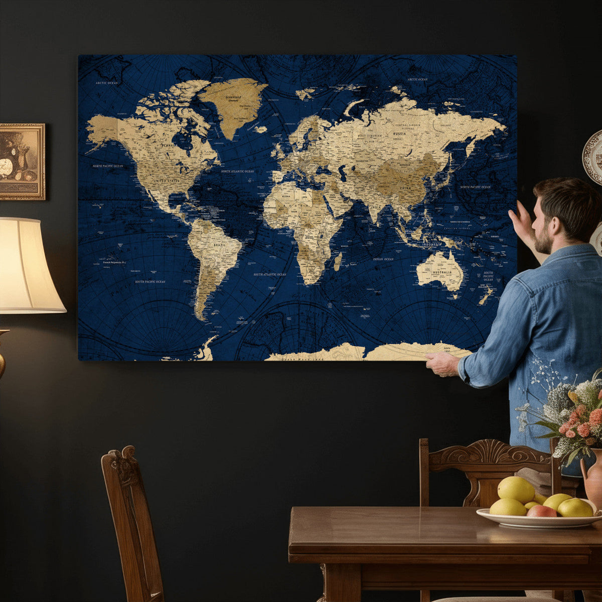 Navy Blue World Map Canvas Print | Detailed Minimal Navy Map Artwork