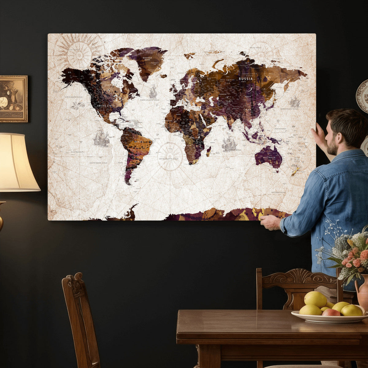 Blue Watercolor World Map Canvas Print | Framed Modern Wall Art