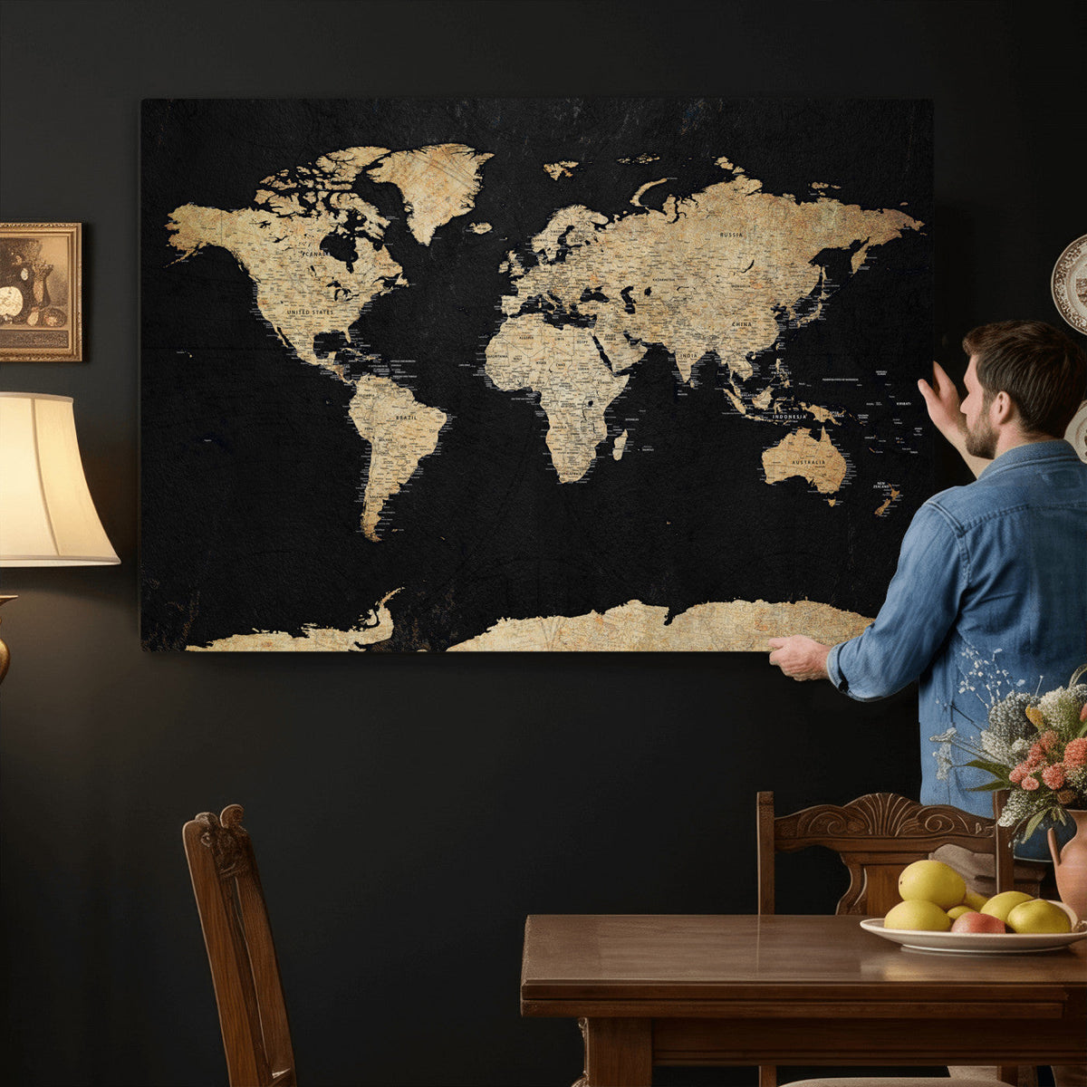 Beige World Map Canvas Wall Art Print, Minimal Black and Beige Map