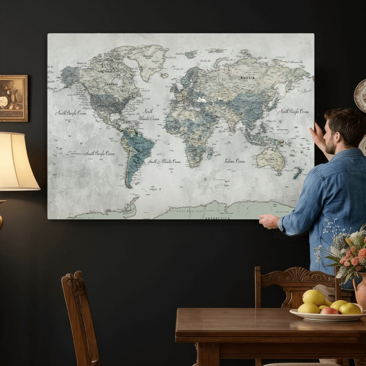 Neutral Vintage World Map Canvas Wall Art Print, Classic Map Artwork