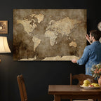 Dark Vintage World Map Canvas Wall Art Print, Antique Map Artwork