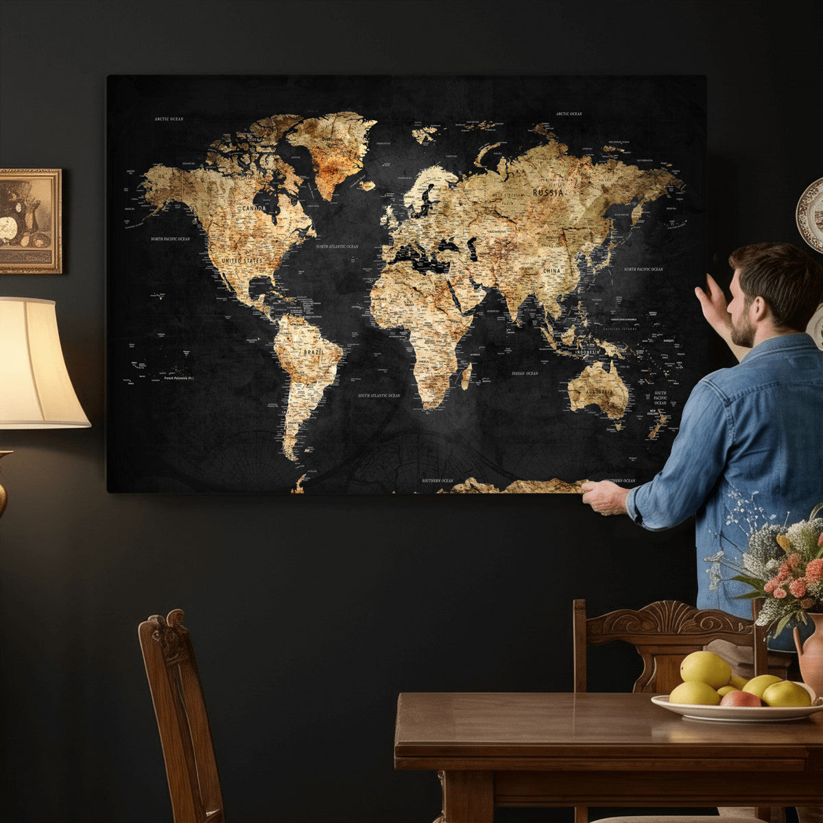 World Map Canvas Wall Art with Famous Landmarks | Framed Travel Map