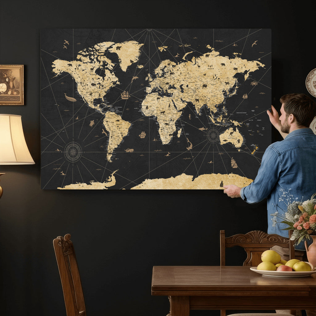 Vintage Blue and Brown World Map Canvas Wall Art | Framed Rustic Map Print
