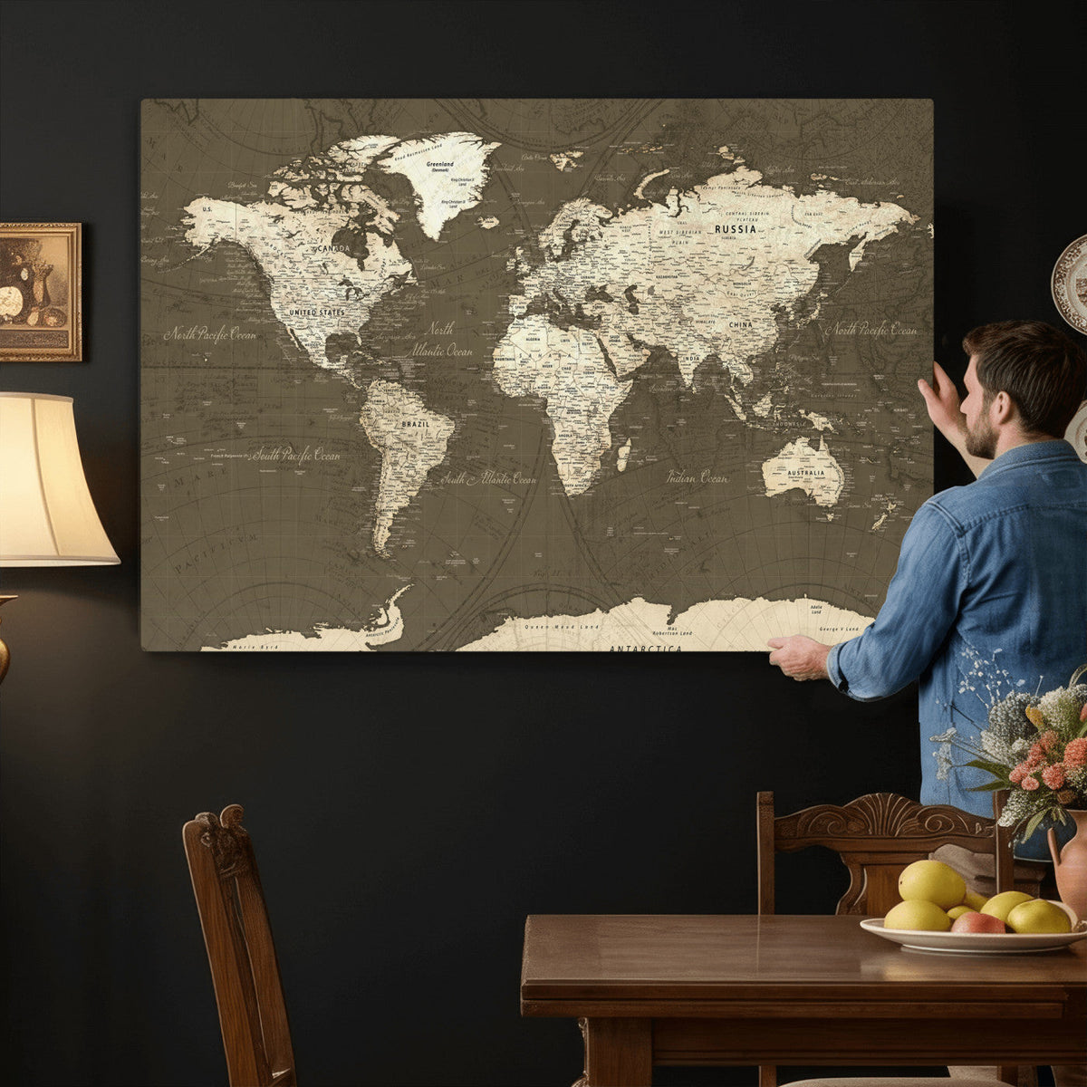 Vintage World Map Canvas Print | Framed Travel Map Wall Art for Couples