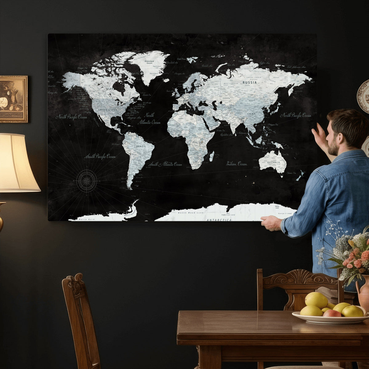 World Map Canvas Print | Framed Push Pin Wall Art, Color Splash Travel Map