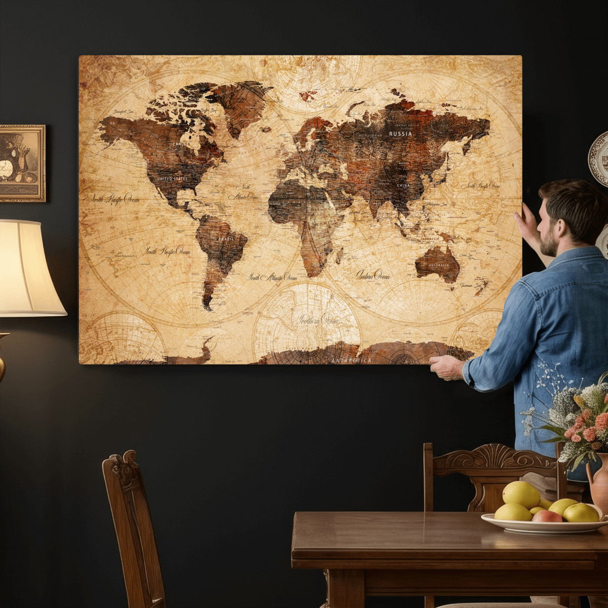 Modern Red and Gray World Map Canvas Print | Framed Wall Art