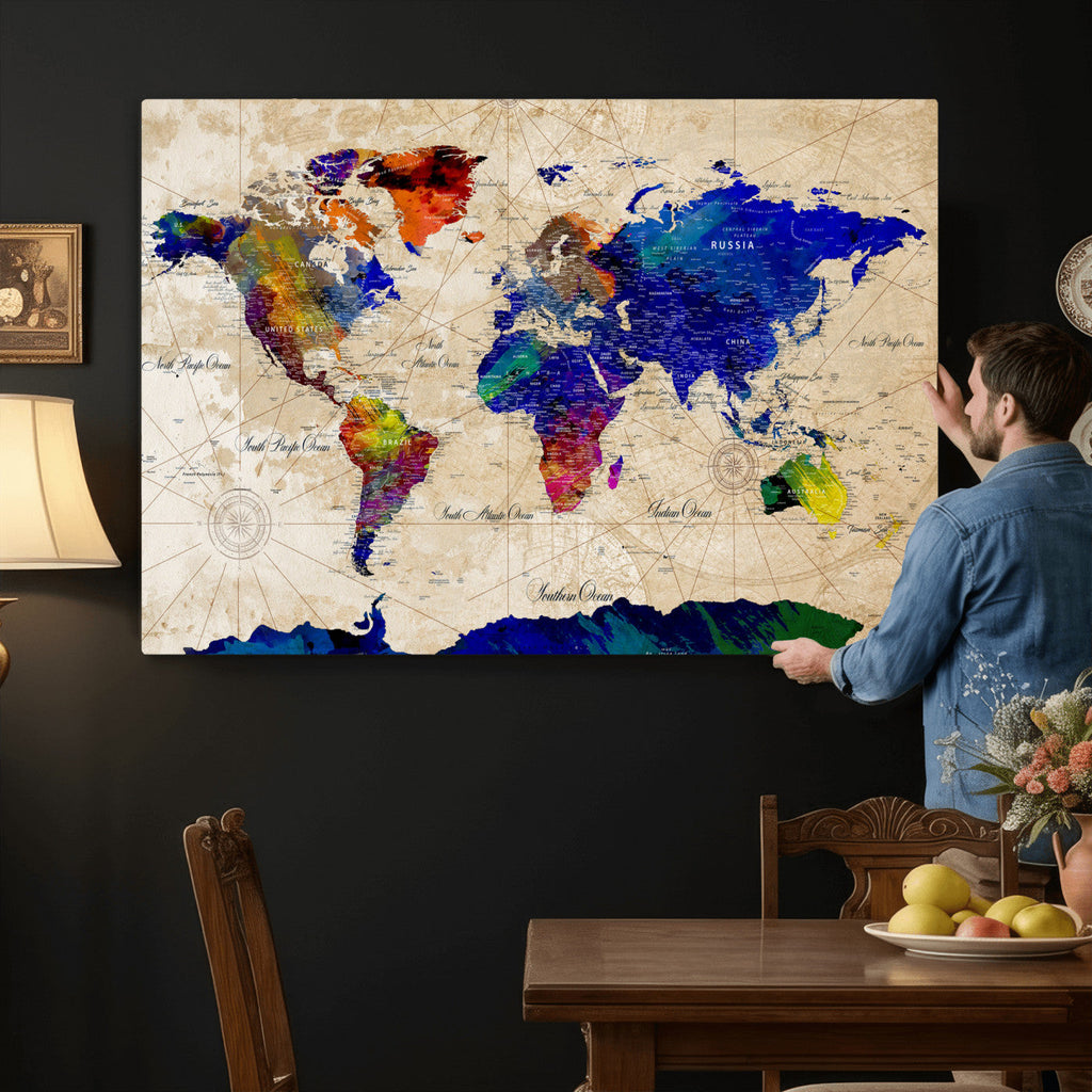 Watercolor World Map Canvas Print | Framed Wall Art for Couples