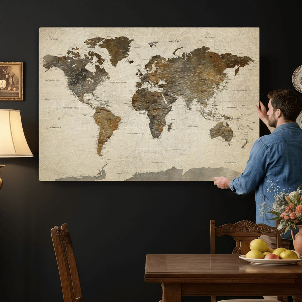 Vintage World Map Canvas Wall Art | Framed Antique Style Travel Map