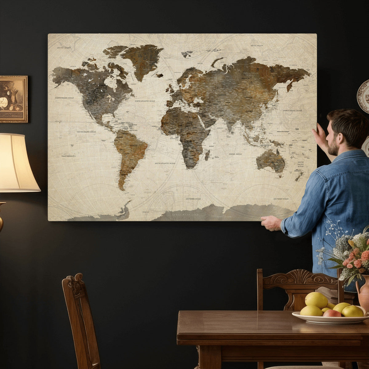Vintage World Map Canvas Wall Art | Framed Antique Style Travel Map