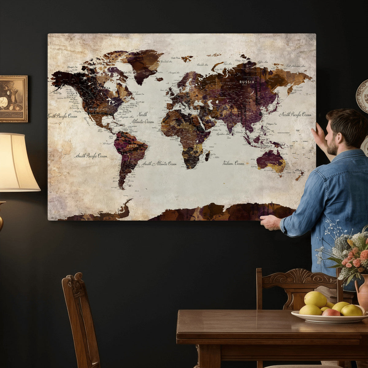 World Map Canvas Triptych | Colorful Global Wall Art for Living Rooms