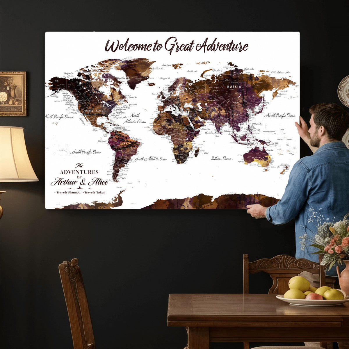 Custom Push Pin World Map Wall Art Canvas Print | Personalized Travel Map