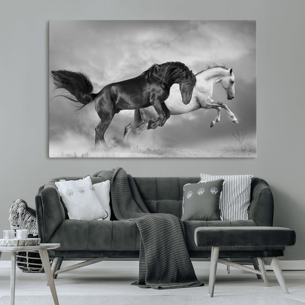 Wild Horses Wall Art Canvas Print, Framed Black and White Galloping Horses