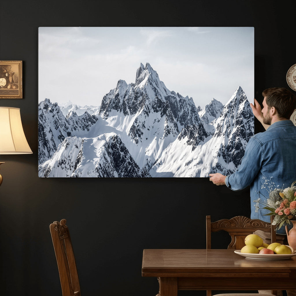 Snowy Mountain Range Canvas Print, Alpine Peaks Landscape Wall Art