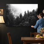 Black White Forest Wall Art Canvas Print, Misty Pine Tree Landscape