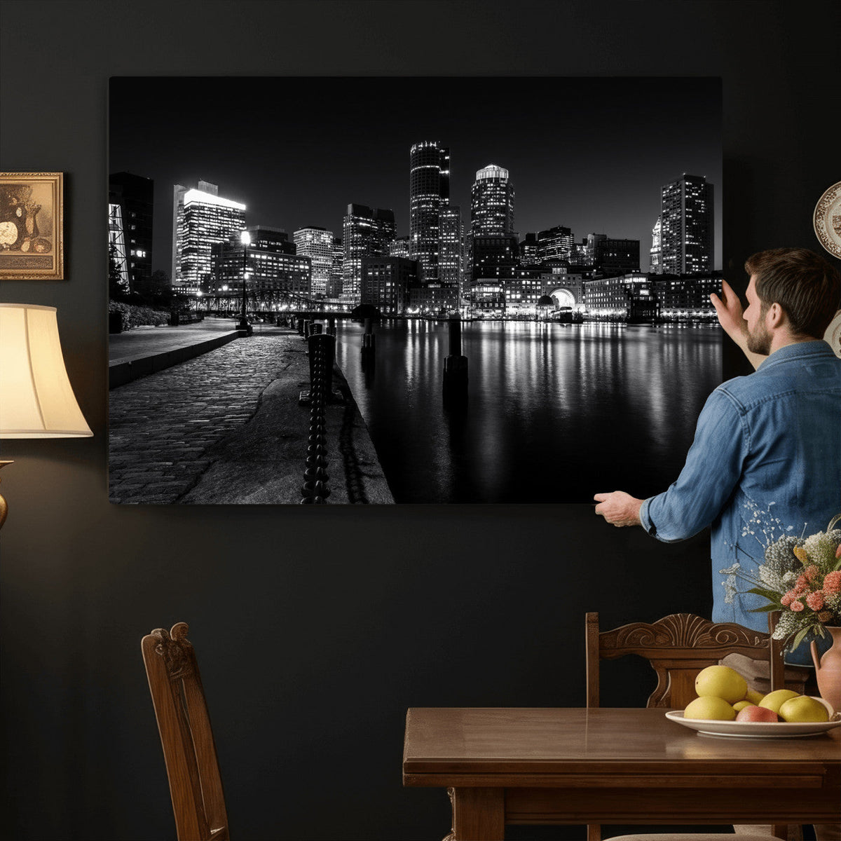 Boston Wall Art Canvas Print, Boston City Downtown Night Cityscape