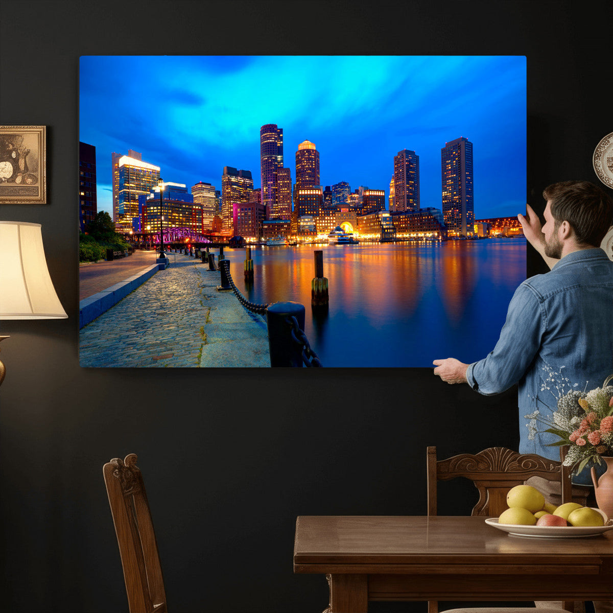 Boston Wall Art Canvas Print, Boston City Downtown Night Cityscape