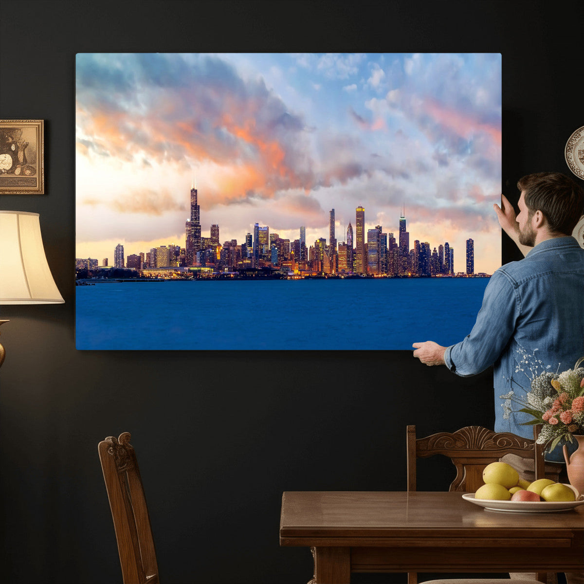 Chicago Wall Art Canvas Print - Chicago City Downtown Night Cityscape