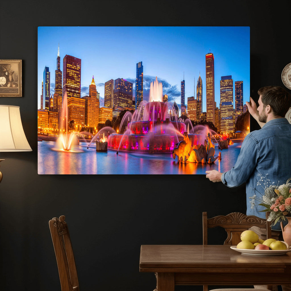 Chicago Wall Art Canvas Print, Chicago City Downtown Night Cityscape