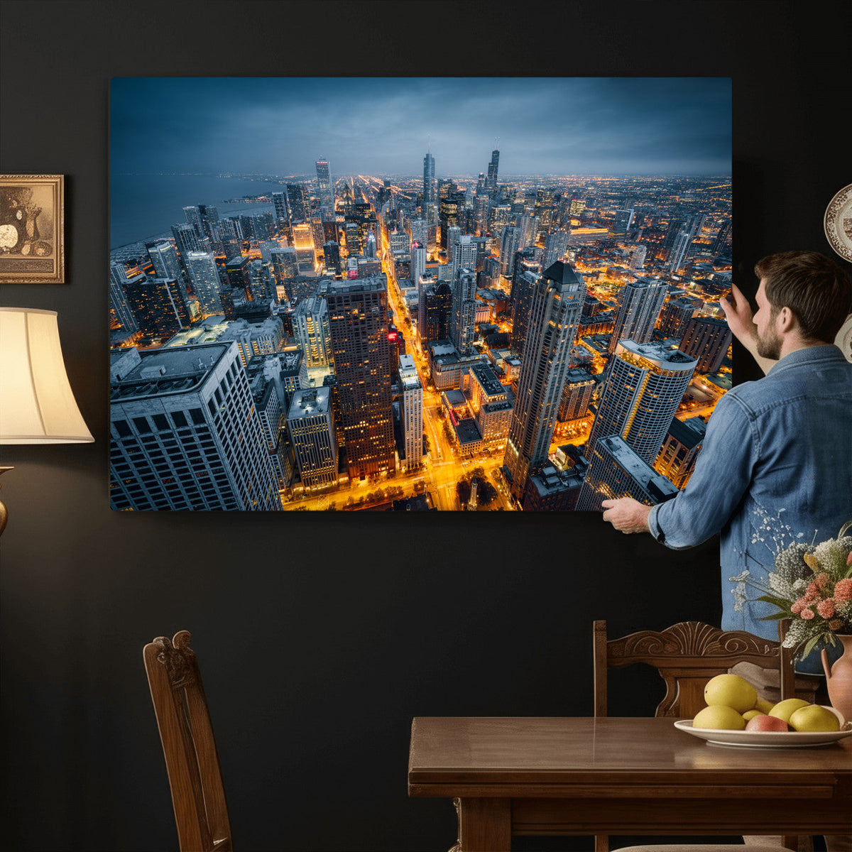 Chicago Wall Art Canvas Print - Chicago City Downtown Night Cityscape