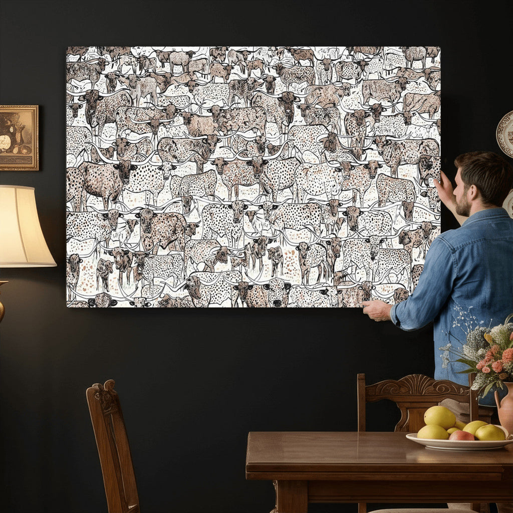 Abstract Texas Cow Wall Art Canvas Print, Farm Longhorn Art for Cabin Decor