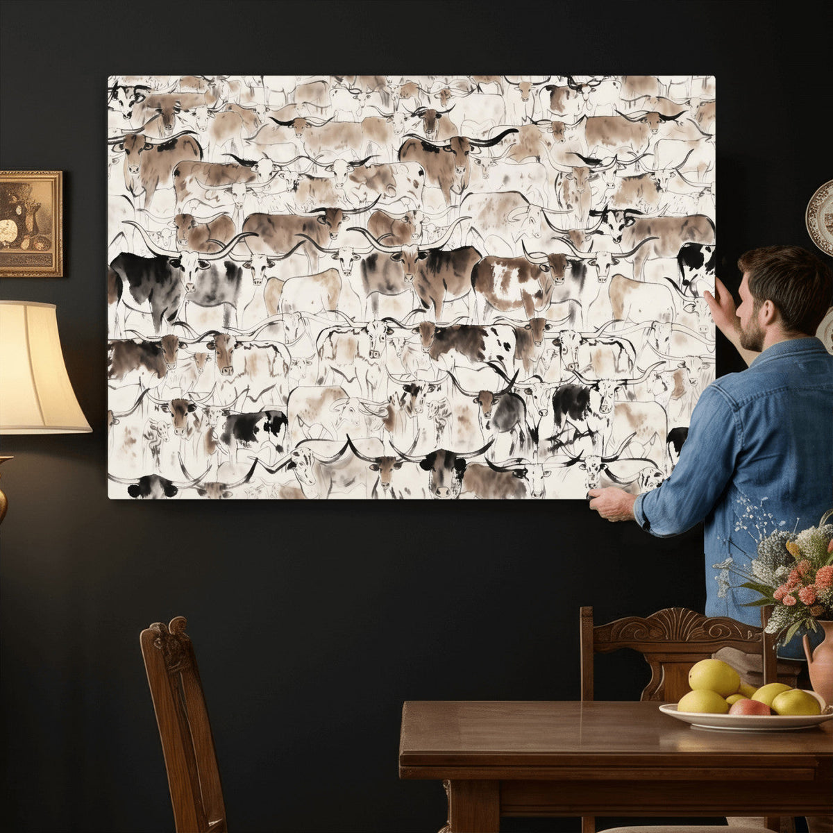 Abstract Texas Cow Canvas Print for Cabin and Western Home Decor