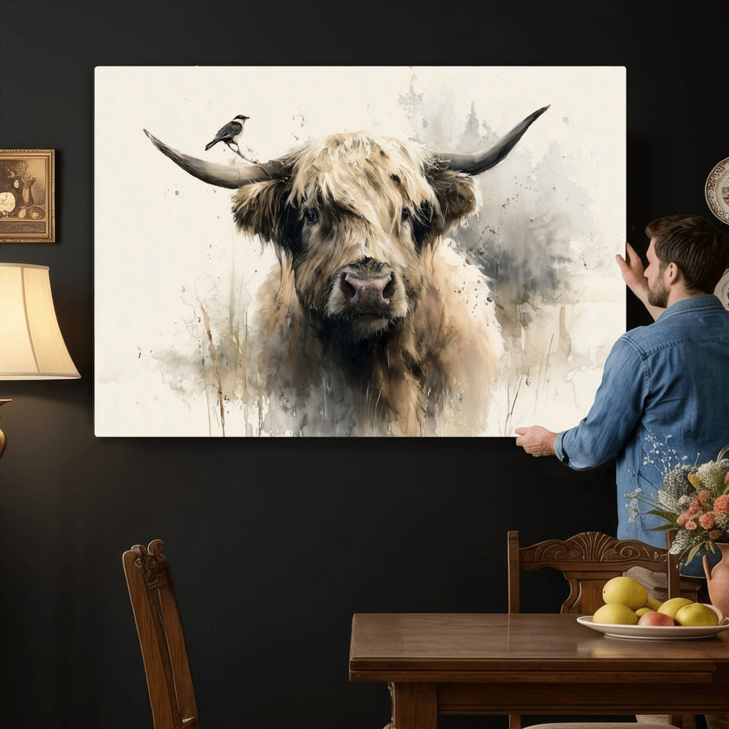 Abstract Highland Cow Wall Art Canvas Print, Rustic Farm Cattle Portrait