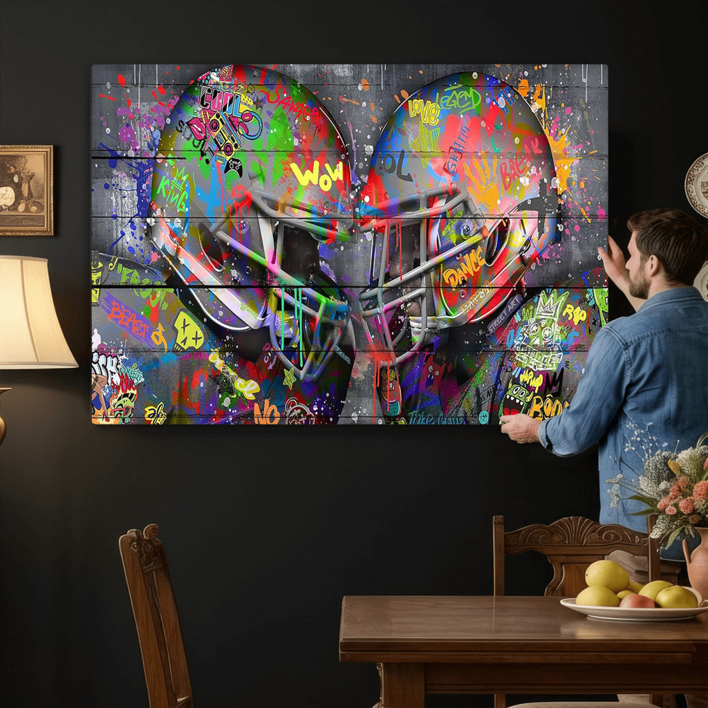 Graffiti Football Helmets Wall Art Canvas Print, Urban Street Art