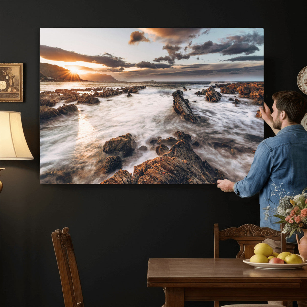 Rocky Coast Ocean Sunset Wall Art Canvas Print, Dramatic Seascape Nature Decor