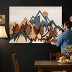 Layered Wooden Mountain Wall Art Canvas Print, Modern Rustic Forest and Pine Landscape