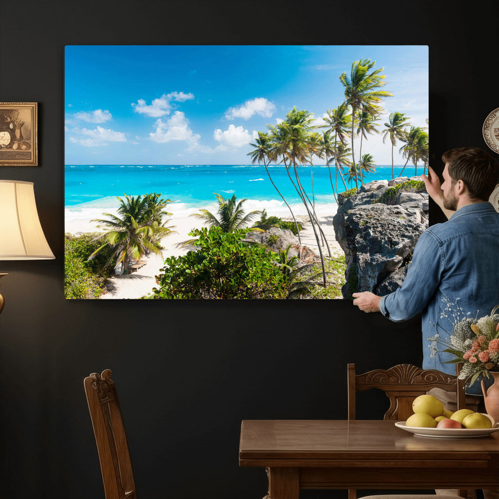 Tropical Beach Wall Art Canvas Print, Palm Tree Ocean Landscape Photography