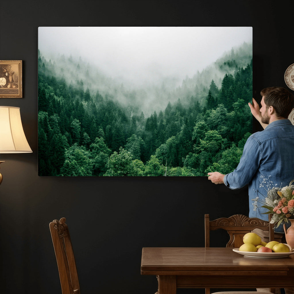 Misty Pine Forest Wall Art Canvas Print, Foggy Evergreen Landscape