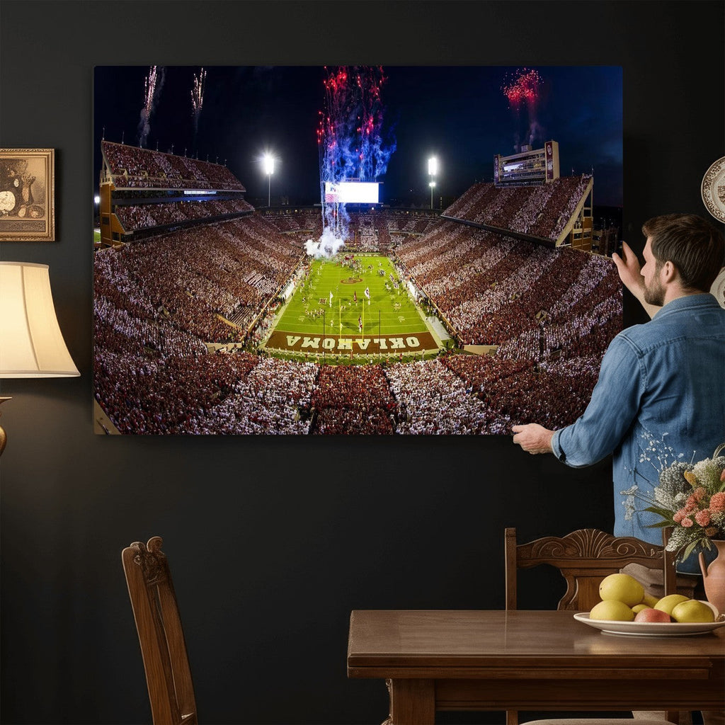 Oklahoma Memorial Stadium Wall Art Canvas Print, Oklahoma, Extra Large Game Room Wall Decor