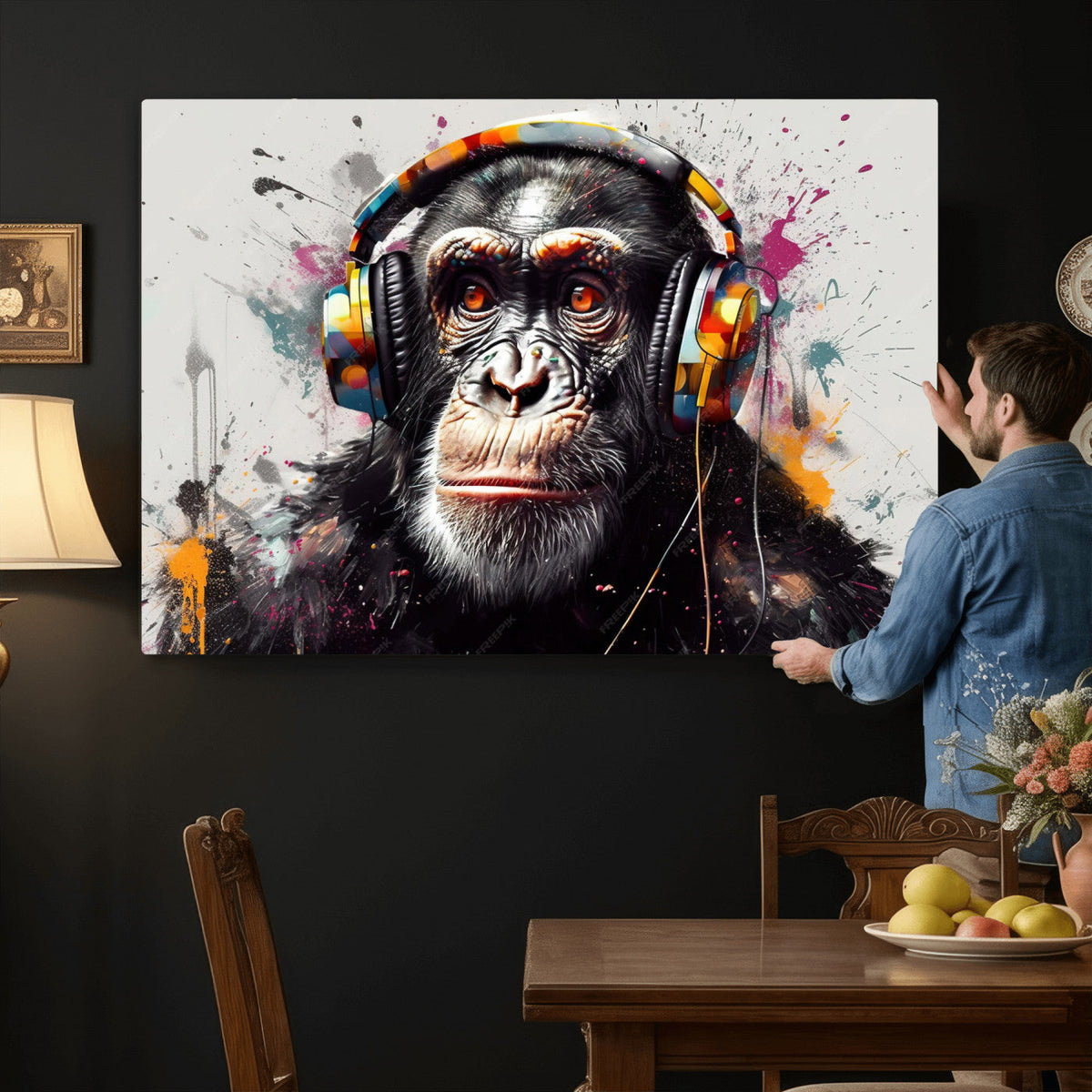DJ Monkey Wall Art Canvas Print | Colorful Pop Art, Banksy Style Graffiti Chimpanzee