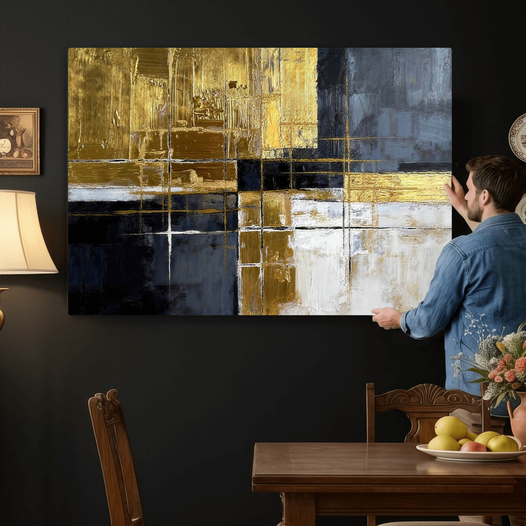Gold Navy Abstract Wall Art Canvas Print, Modern Luxury Geometric Art for Living Room and Office