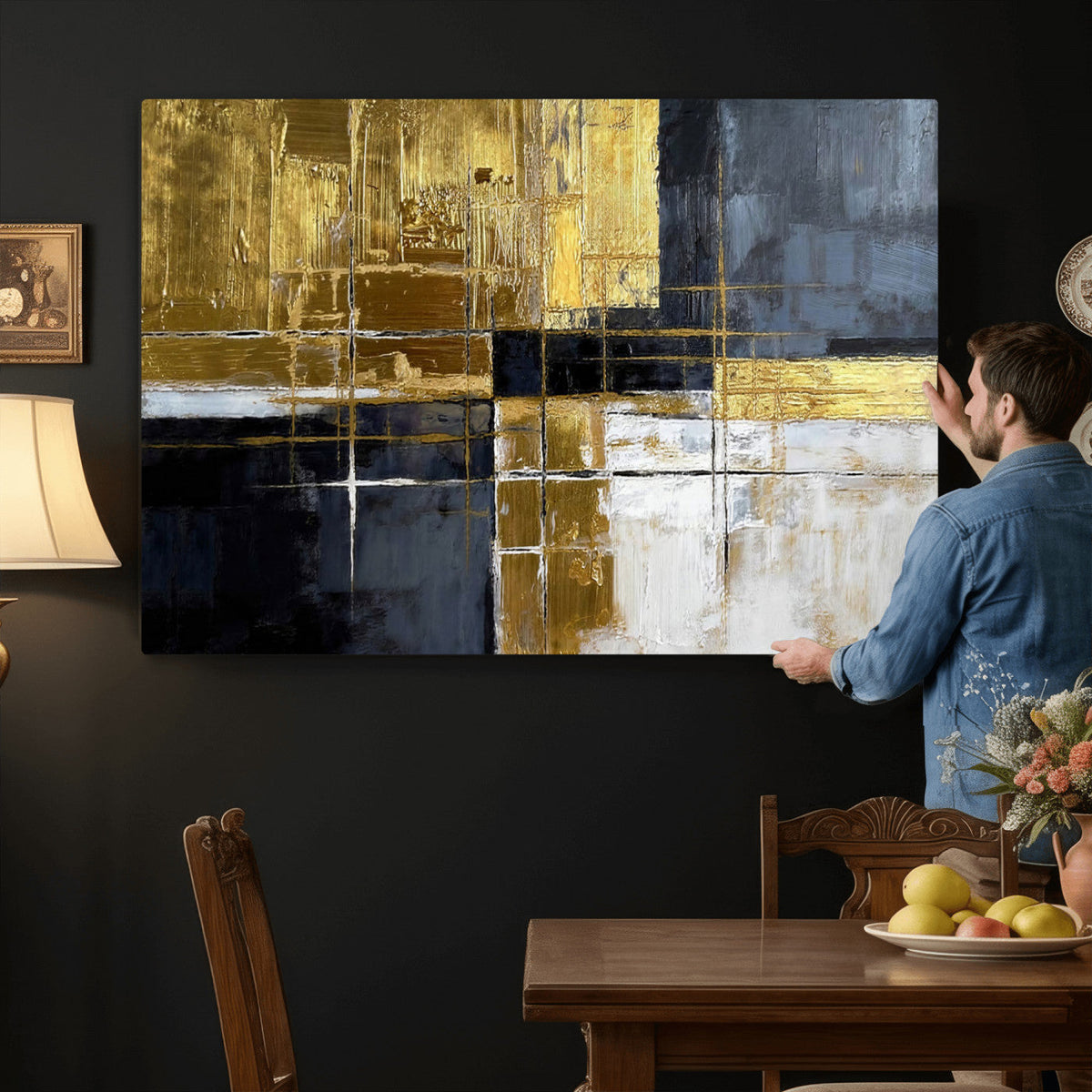 Gold Navy Abstract Wall Art Canvas Print, Modern Luxury Geometric Art for Living Room and Office